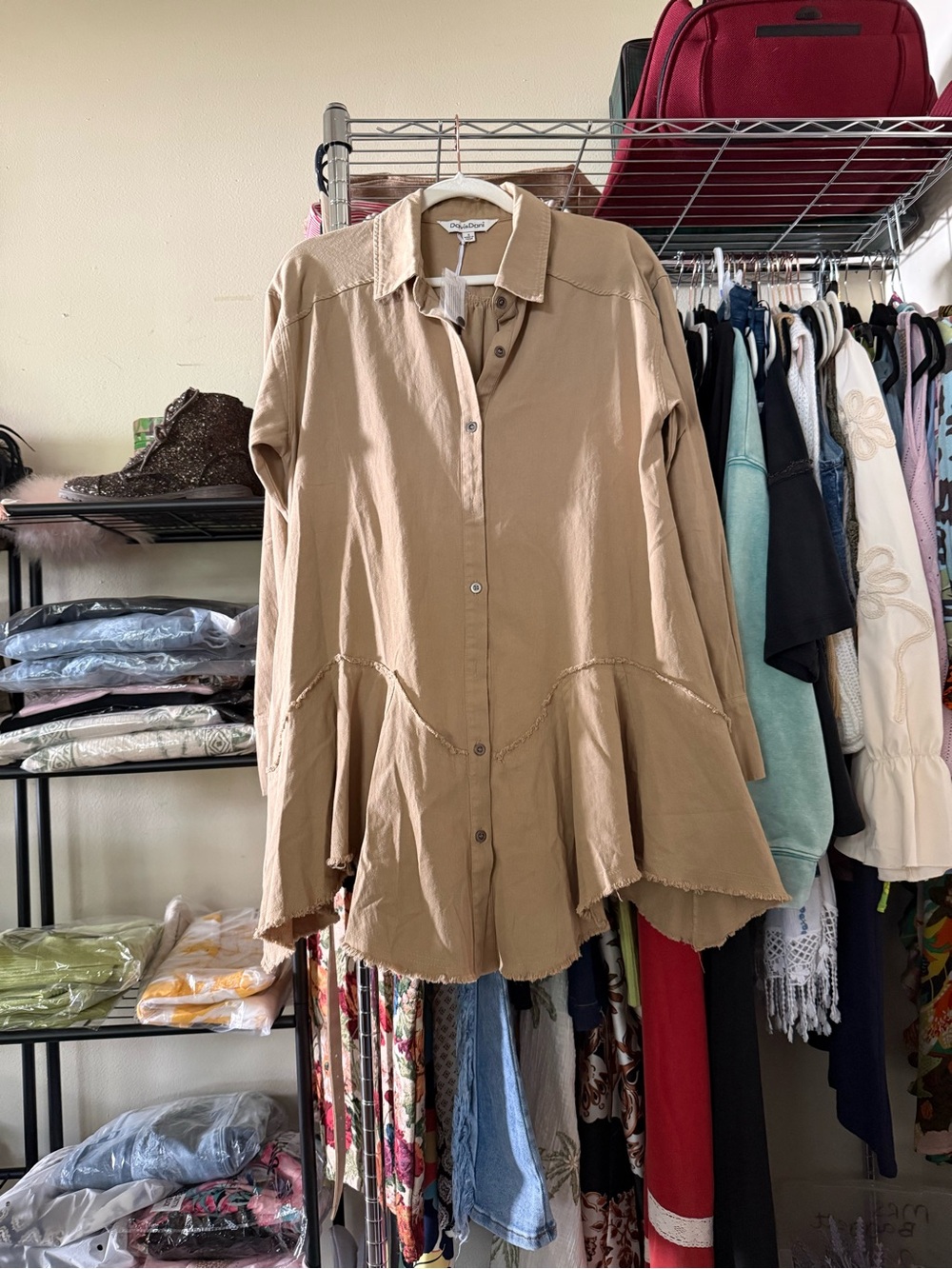 Davi & Dani Beige Button-Front Peplum  Tunic